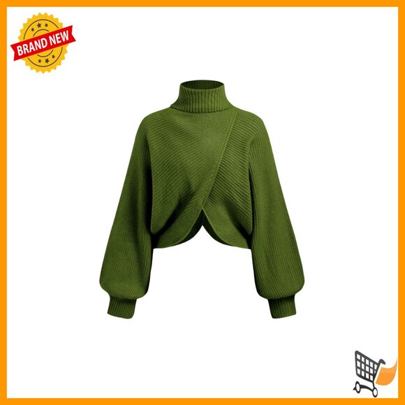 Cropped Turtleneck Sweater Ribbed Knit Lantern Sleeve Pullover Fall Outfits